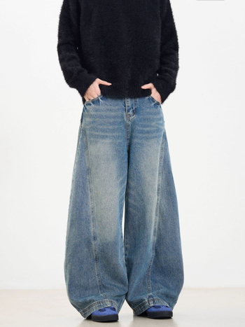 Blugi bărbătești Tide mark din denim, spălați, croială lejeră drept, talie medie, fermoar, cinci buzunare, din bumbac