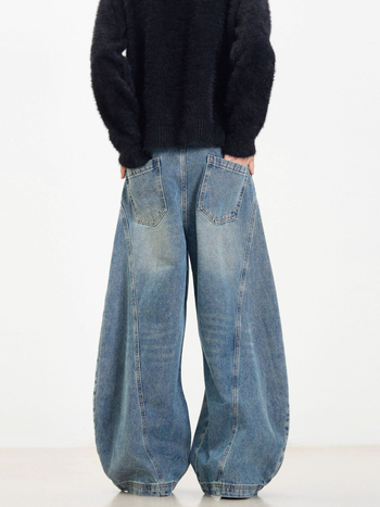 Blugi bărbătești Tide mark din denim, spălați, croială lejeră drept, talie medie, fermoar, cinci buzunare, din bumbac