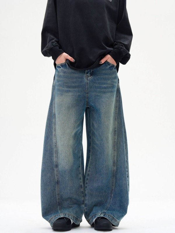 Blugi bărbătești Tide mark din denim, spălați, croială lejeră drept, talie medie, fermoar, cinci buzunare, din bumbac