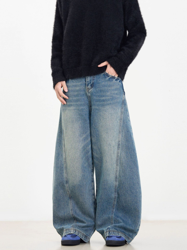 Blugi bărbătești Tide mark din denim, spălați, croială lejeră drept, talie medie, fermoar, cinci buzunare, din bumbac