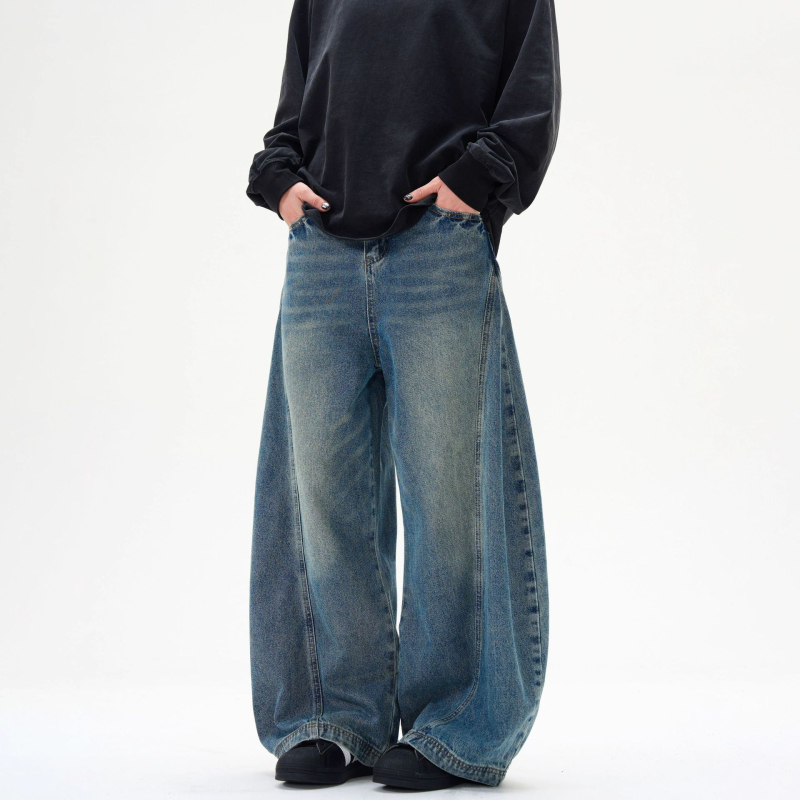 Blugi bărbătești Tide mark din denim, spălați, croială lejeră drept, talie medie, fermoar, cinci buzunare, din bumbac