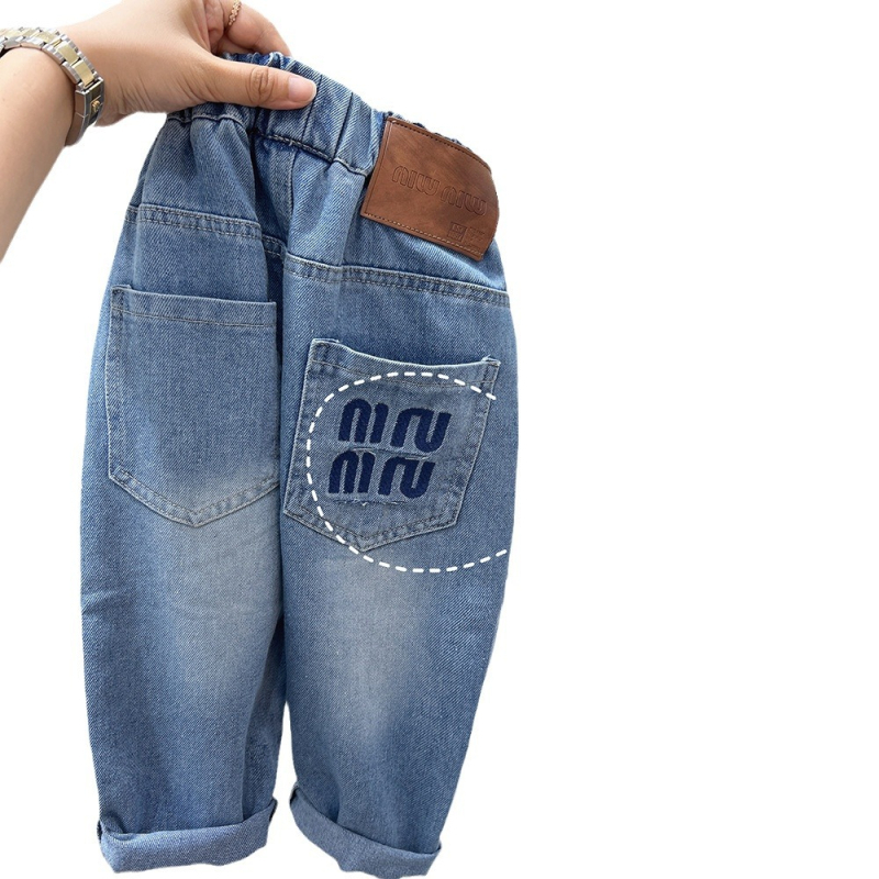 Kórejský štýl chlapčenské džínové nohavice, 95% bavlna, stredný pás s gumovou páskou, jednofarebný vzor s písmenami, pre deti 8+ rokov (výška >140 cm)