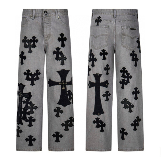 Jeans croială dreaptă cu imprimeu, talie înaltă, fermoar, țesătură japoneză