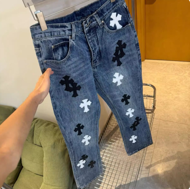 Jeans croială dreaptă cu imprimeu, talie înaltă, fermoar, țesătură japoneză