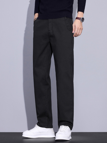 Pantaloni bărbătești drepti, talie medie, fermoar, țesătură Lyocell-mix, model solid, fără cute