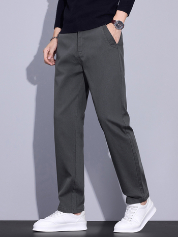 Pantaloni bărbătești drepti, talie medie, fermoar, țesătură Lyocell-mix, model solid, fără cute