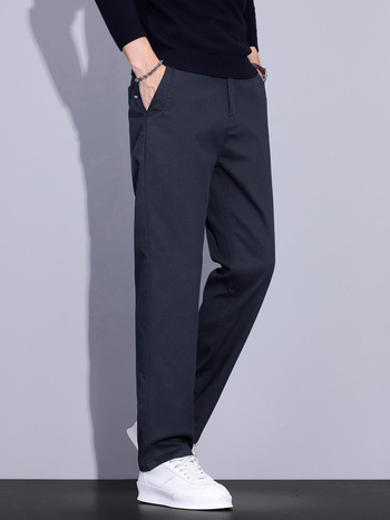 Pantaloni bărbătești drepti, talie medie, fermoar, țesătură Lyocell-mix, model solid, fără cute