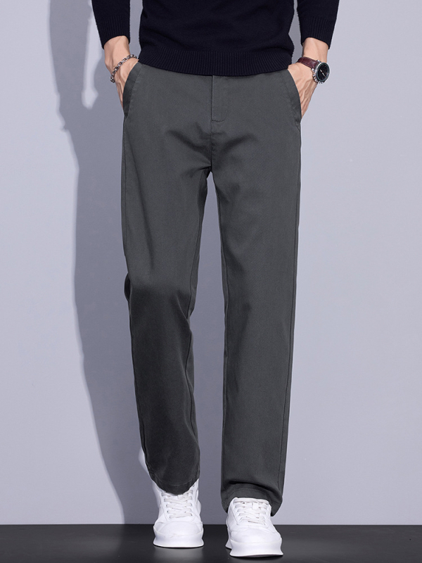 Pantaloni bărbătești drepti, talie medie, fermoar, țesătură Lyocell-mix, model solid, fără cute