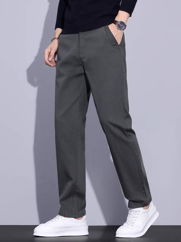 Pantaloni bărbătești drepti, talie medie, fermoar, țesătură Lyocell-mix, model solid, fără cute