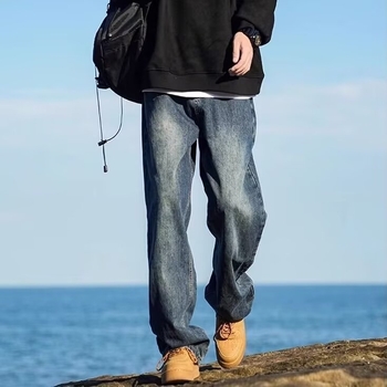 Дънки за мъже с прави крачоли, средна талия, деним от памук (60% памук), прани, topstitching шевове