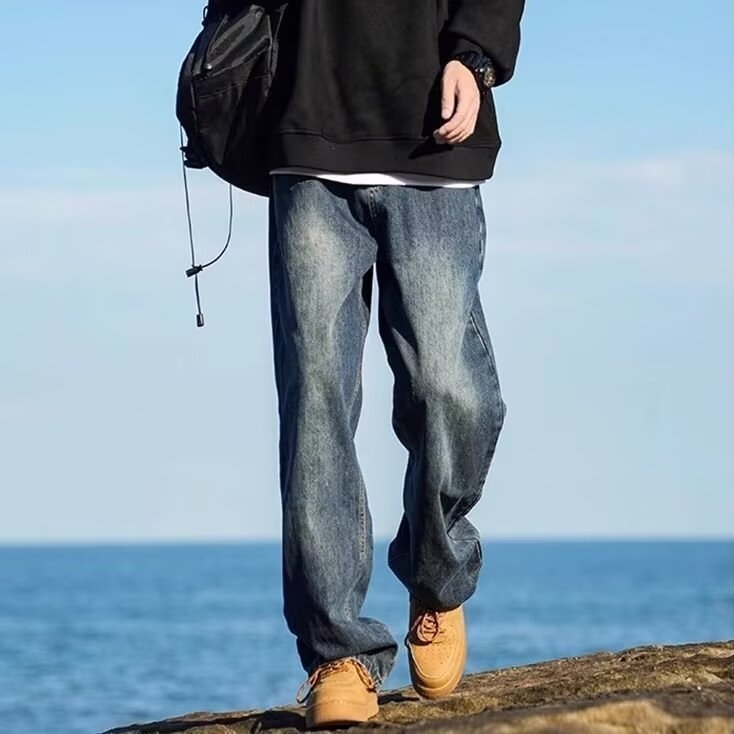 Дънки за мъже с прави крачоли, средна талия, деним от памук (60% памук), прани, topstitching шевове