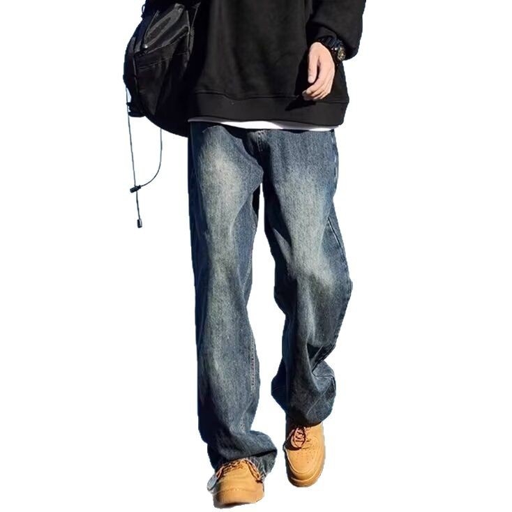 Дънки за мъже с прави крачоли, средна талия, деним от памук (60% памук), прани, topstitching шевове