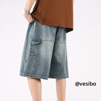 Pánske džínsové šortky - voľný strih, cropped dĺžka, 100% polyester, mikroelastické, hip-hop štýl