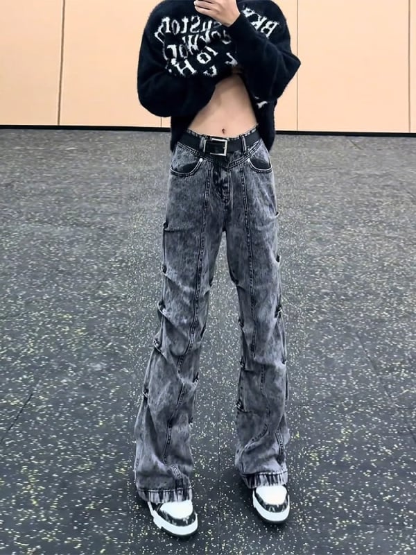 Jeanși denim bărbați cu croială dreaptă, talie medie, fermoar, spălați, 72% bumbac