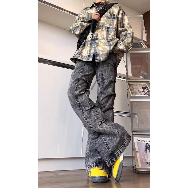 Jeanși denim bărbați cu croială dreaptă, talie medie, fermoar, spălați, 72% bumbac