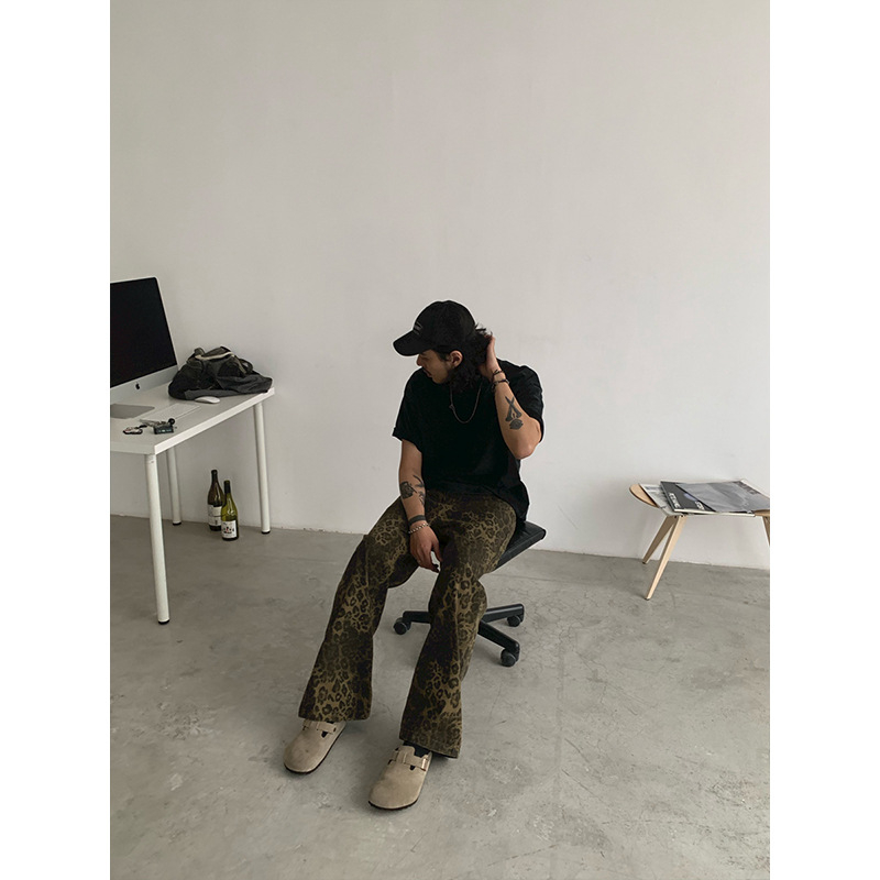 Traperice s leopardim dezenom, unisex, korejskog stila, visoki pojas, ravni kroj