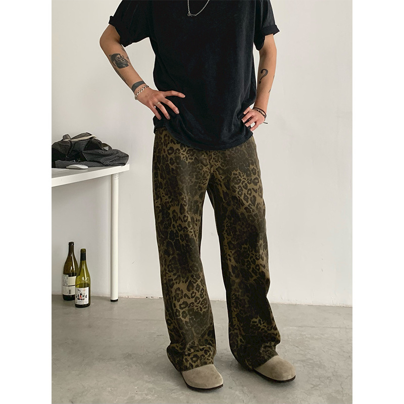 Traperice s leopardim dezenom, unisex, korejskog stila, visoki pojas, ravni kroj