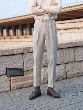 Muške hlače za odijelo, talijanski stil Napulja, slim-fit, visok struk, ravna kroj, poliester 96% mješavina, bez glačanja