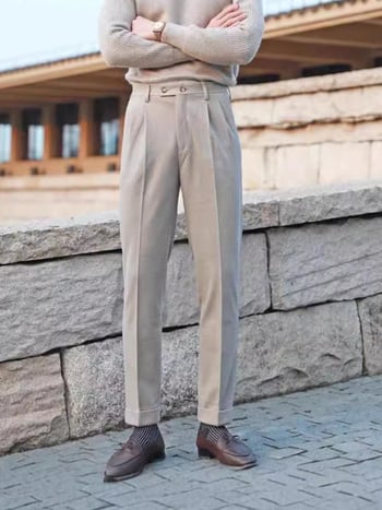 Muške hlače za odijelo, talijanski stil Napulja, slim-fit, visok struk, ravna kroj, poliester 96% mješavina, bez glačanja