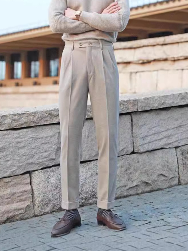 Muške hlače za odijelo, talijanski stil Napulja, slim-fit, visok struk, ravna kroj, poliester 96% mješavina, bez glačanja
