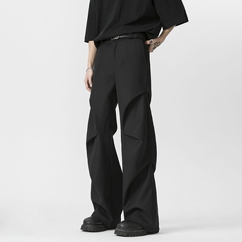 Pantaloni casual drepti, talie medie, fermoar, pliuri, poliester 95%+