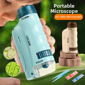 Ručný prenosný mikroskop v karikatúrnom dizajne, mini tri-in-one mikroskop pre výučbu biológie/chemie, plastová konštrukcia, vhodný pre deti 7–14 rokov.