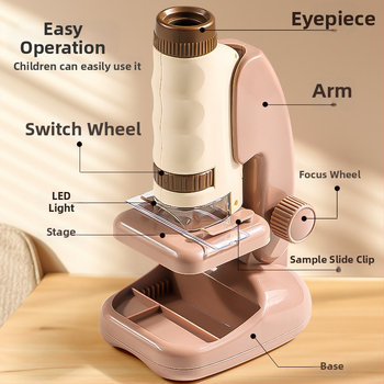 Ručný prenosný mikroskop v karikatúrnom dizajne, mini tri-in-one mikroskop pre výučbu biológie/chemie, plastová konštrukcia, vhodný pre deti 7–14 rokov.