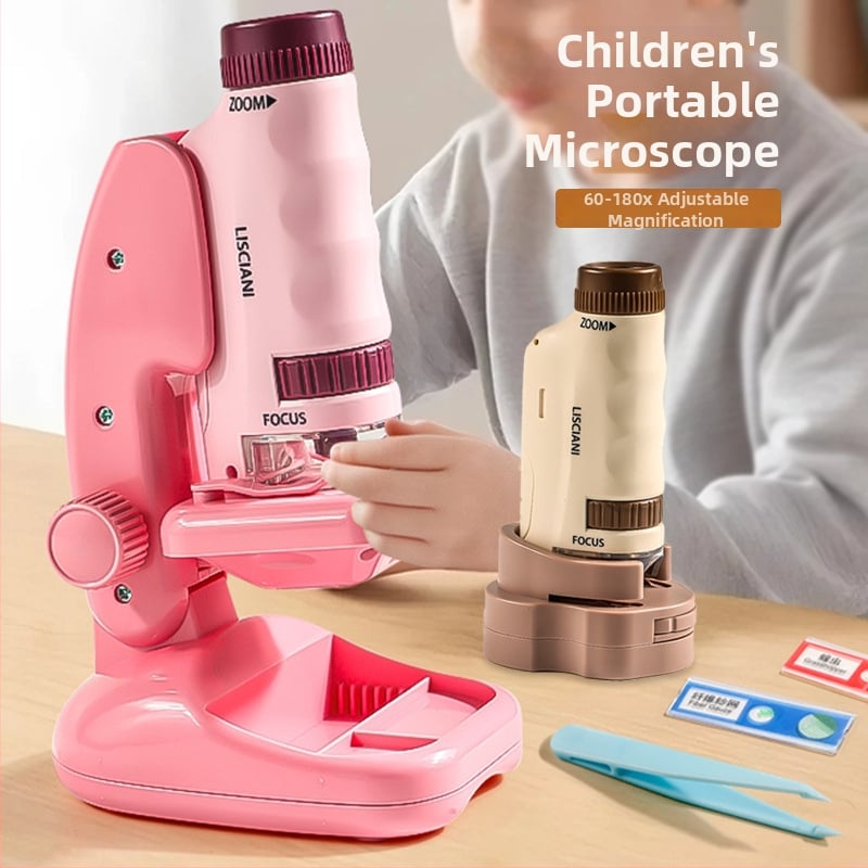 Ručný prenosný mikroskop v karikatúrnom dizajne, mini tri-in-one mikroskop pre výučbu biológie/chemie, plastová konštrukcia, vhodný pre deti 7–14 rokov.