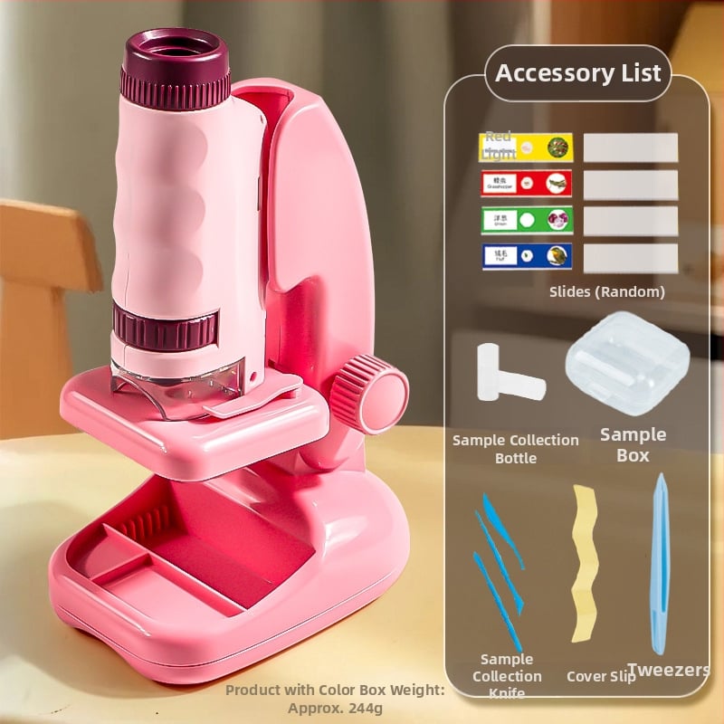 Ručný prenosný mikroskop v karikatúrnom dizajne, mini tri-in-one mikroskop pre výučbu biológie/chemie, plastová konštrukcia, vhodný pre deti 7–14 rokov.