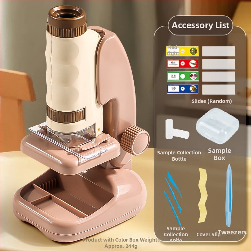 Ručný prenosný mikroskop v karikatúrnom dizajne, mini tri-in-one mikroskop pre výučbu biológie/chemie, plastová konštrukcia, vhodný pre deti 7–14 rokov.