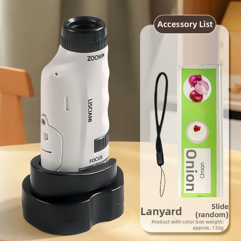 Ručný prenosný mikroskop v karikatúrnom dizajne, mini tri-in-one mikroskop pre výučbu biológie/chemie, plastová konštrukcia, vhodný pre deti 7–14 rokov.