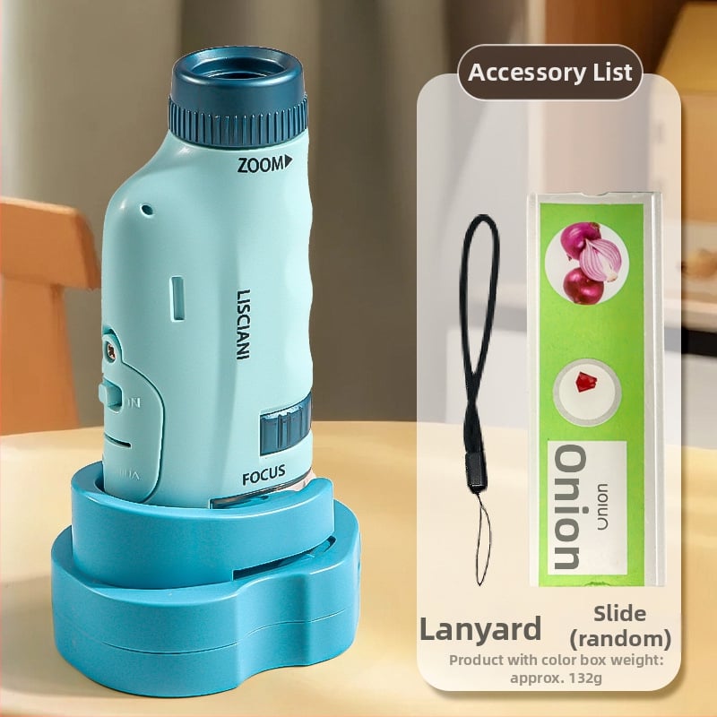 Ručný prenosný mikroskop v karikatúrnom dizajne, mini tri-in-one mikroskop pre výučbu biológie/chemie, plastová konštrukcia, vhodný pre deti 7–14 rokov.