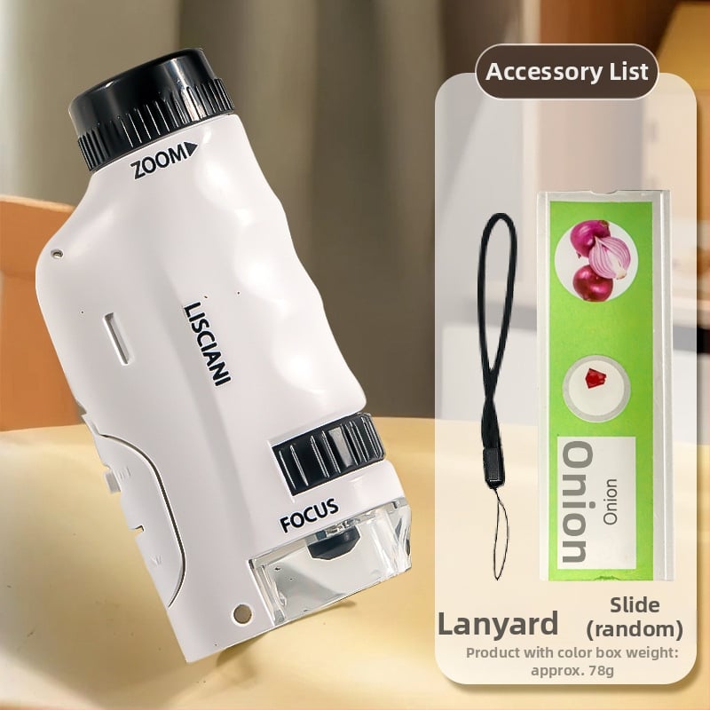 Ručný prenosný mikroskop v karikatúrnom dizajne, mini tri-in-one mikroskop pre výučbu biológie/chemie, plastová konštrukcia, vhodný pre deti 7–14 rokov.