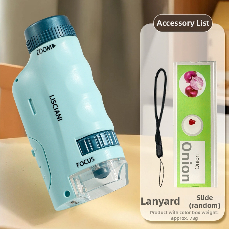 Ručný prenosný mikroskop v karikatúrnom dizajne, mini tri-in-one mikroskop pre výučbu biológie/chemie, plastová konštrukcia, vhodný pre deti 7–14 rokov.