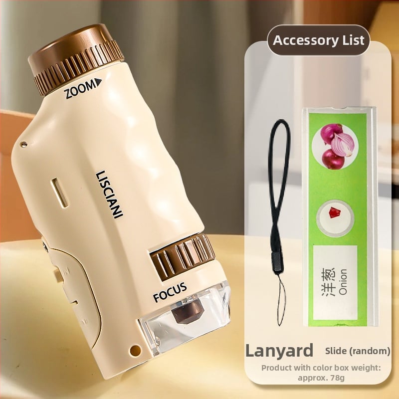 Ručný prenosný mikroskop v karikatúrnom dizajne, mini tri-in-one mikroskop pre výučbu biológie/chemie, plastová konštrukcia, vhodný pre deti 7–14 rokov.