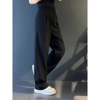 Muške casual ravne hlače, srednji pojas, jednofarbna poliester smjesa, zip detalj, proljeće-jesen