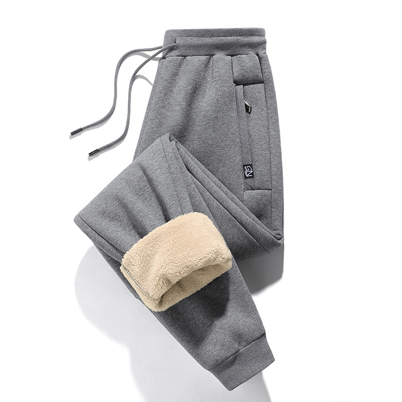 Pánske nohavice z fleece bavlny, zima, voľný strih, stredný pás, vrecká na zips