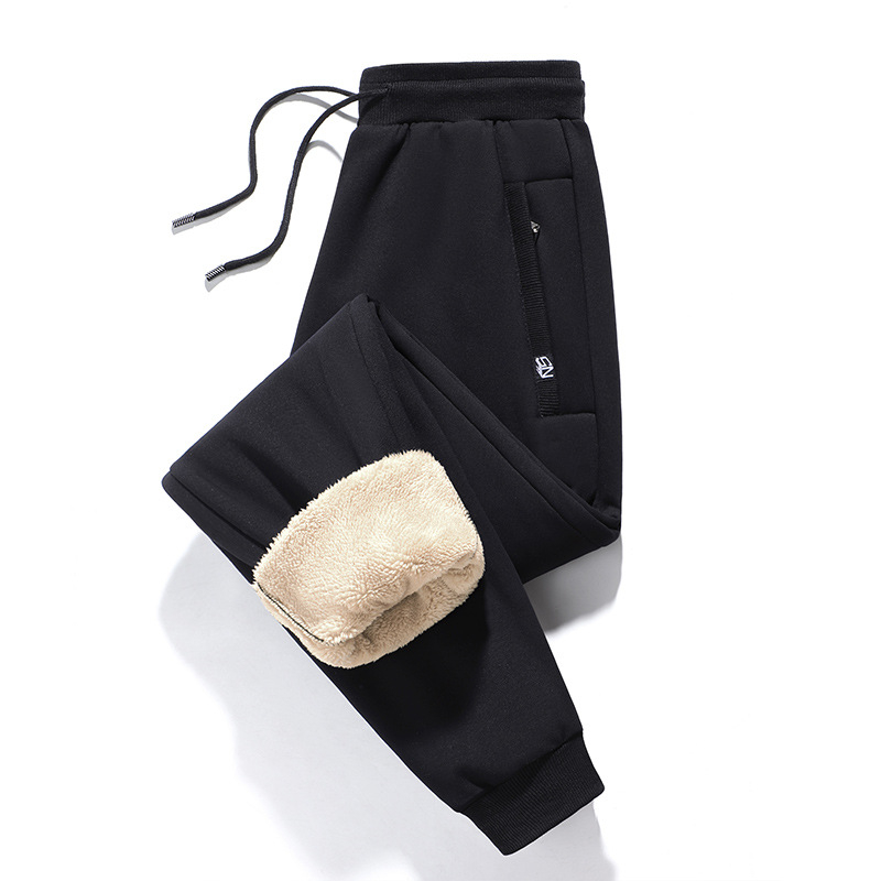 Pánske nohavice z fleece bavlny, zima, voľný strih, stredný pás, vrecká na zips