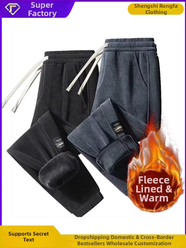 Pánske zimné nohavice z corduroy s fleecovou vnútornou vrstvou, stredný pás, šnúrkové zapínanie, rovný strih, športovo voľno