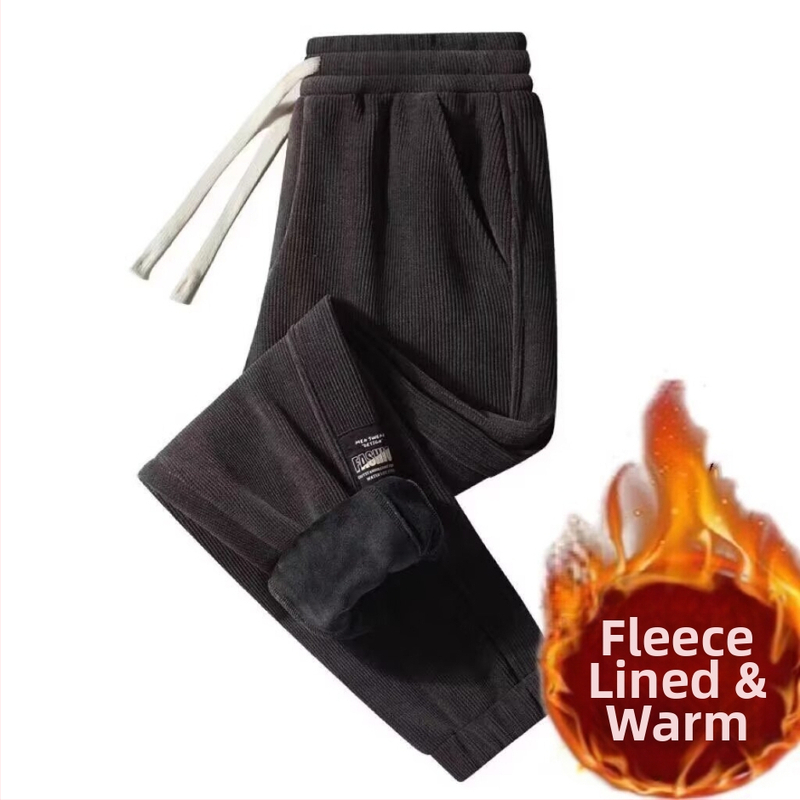 Pánske zimné nohavice z corduroy s fleecovou vnútornou vrstvou, stredný pás, šnúrkové zapínanie, rovný strih, športovo voľno