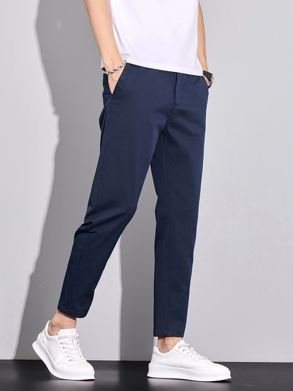 Pánske cropped nohavice so strečovou zmesou, úzky strih, stredný pás, jednofarebné, bavlna-poliesterová zmes