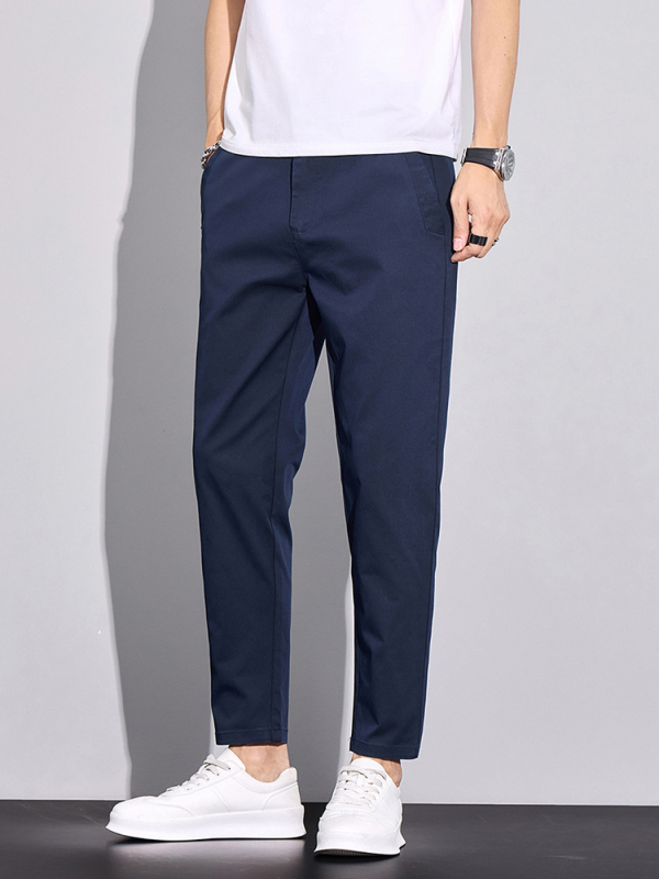 Pánske cropped nohavice so strečovou zmesou, úzky strih, stredný pás, jednofarebné, bavlna-poliesterová zmes