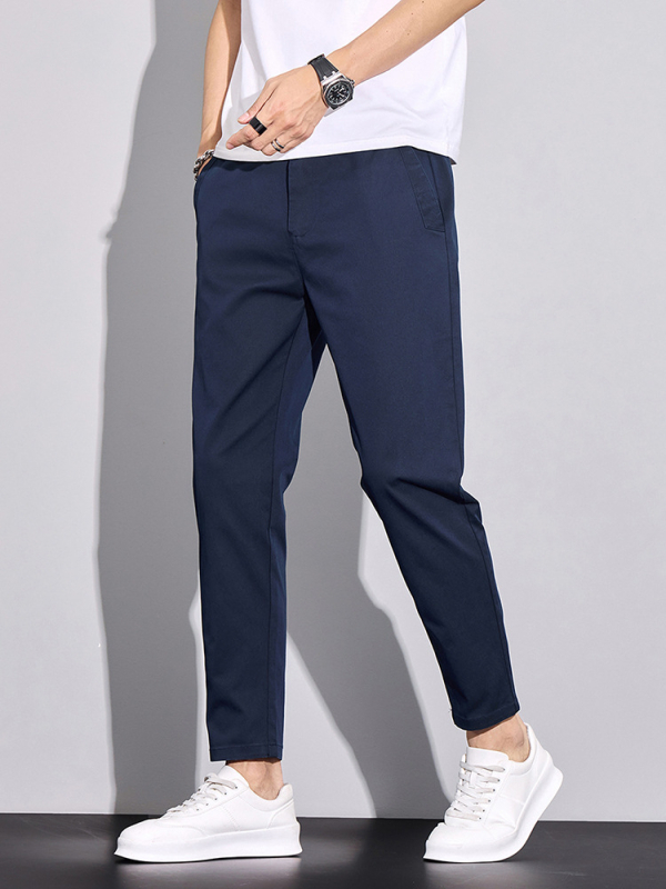 Pánske cropped nohavice so strečovou zmesou, úzky strih, stredný pás, jednofarebné, bavlna-poliesterová zmes