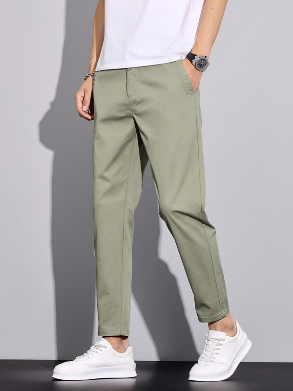 Pánske cropped nohavice so strečovou zmesou, úzky strih, stredný pás, jednofarebné, bavlna-poliesterová zmes