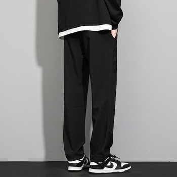 Kórejský štýl pánske casual dlhé nohavice, rovný strih, stredný pás, šnúrka v páse, 95% polyester, bez záhybov