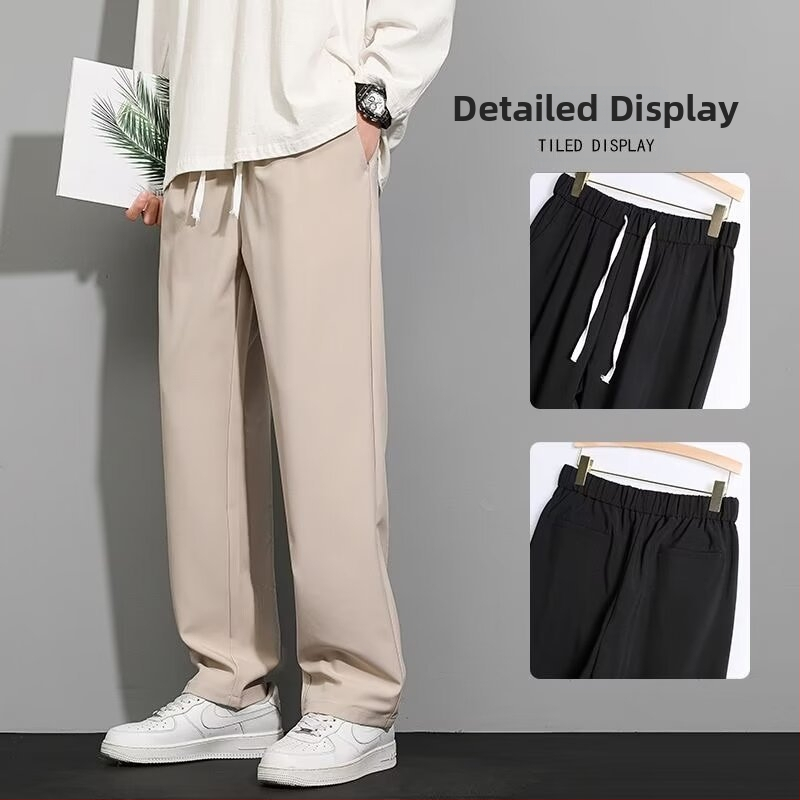 Kórejský štýl pánske casual dlhé nohavice, rovný strih, stredný pás, šnúrka v páse, 95% polyester, bez záhybov