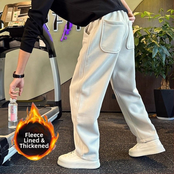 Pánske voľnočasové nohavice s rovným strihom, fleecovou podšívkou, hrubý zimný materiál, bambusové vlákno, vysoký pás