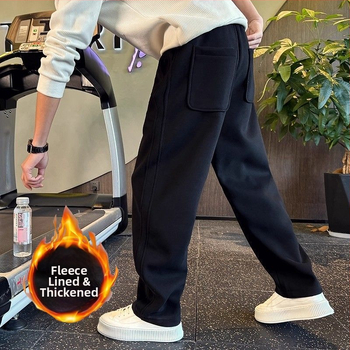 Pánske voľnočasové nohavice s rovným strihom, fleecovou podšívkou, hrubý zimný materiál, bambusové vlákno, vysoký pás