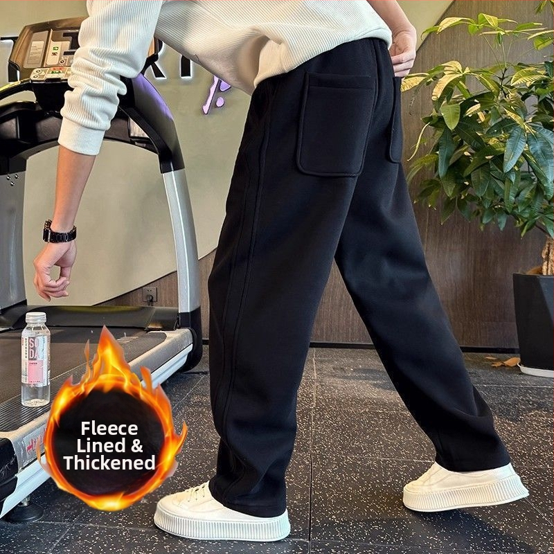 Pánske voľnočasové nohavice s rovným strihom, fleecovou podšívkou, hrubý zimný materiál, bambusové vlákno, vysoký pás