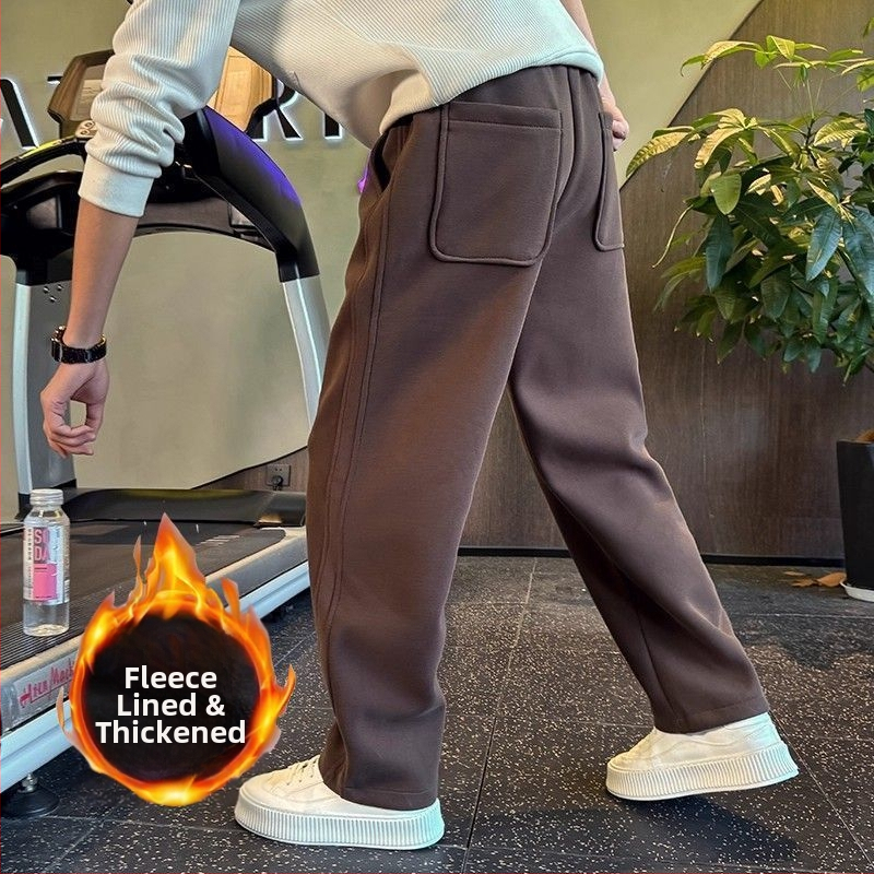 Pánske voľnočasové nohavice s rovným strihom, fleecovou podšívkou, hrubý zimný materiál, bambusové vlákno, vysoký pás